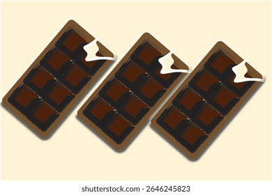 Realistic Dark Chocolate Bar Bitten with Pieces. Vector illustration for Packaging blank or Other Food Design Elements. Package Graphic