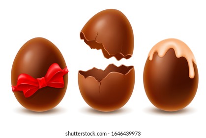 Realistic dark chocolate eggs set. Two halves of broken egg, whole egg with red bow, egg decorated with glaze. Sweet symbol of easter holiday. Dessert made of dark cocoa. Vector illustration.
