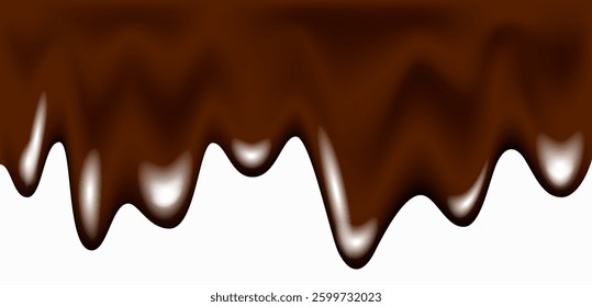 Realistic dark chocolate falling drops. Dripping melted liquid cocoa cream, glaze or brown syrup background. Flowing fudge. Vector drip wave border of hot chocolate texture.