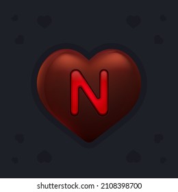 Realistic dark chocolate heart with marmalade letter N inside. Valentines day decoration element for design banner, card or any advertising