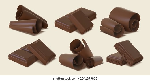 Realistic dark chocolate shavings, flakes, curls and bar pieces. 3d sweet cocoa candy spirals. Bitter or milk chocolate slices vector set. Delicious dessert and food snack isolated elements