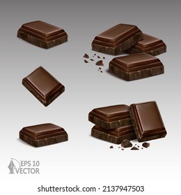 Realistic dark chocolate slices set with broken crumbs, sweet dessert, 3d vector illustration