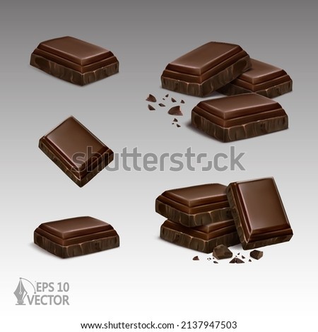 Realistic dark chocolate slices set with broken crumbs, sweet dessert, 3d vector illustration