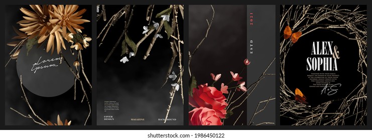 Realistic dark elegant flowers and branches arrangement cover, magazine, poster illustration template set