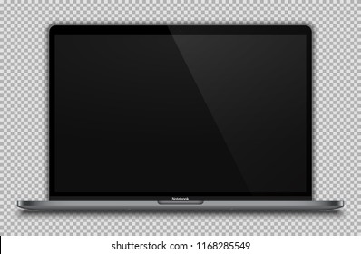 Realistic Dark Grey / Black Notebook with Blank Screen Isolated. 15 inch Laptop. Can Use for Project, Presentation. Blank Device Mock Up. Separate Groups and Layers. Easily Editable Vector. EPS 10.