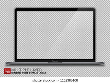 Realistic Dark Grey Notebook with Transparent Background Isolated. 15 inch Scalable Laptop. Can Use for 
Project, Presentation. Blank Device Mock Up. Separate Groups and Layers. Easily Editable Vector