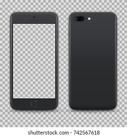 Realistic Dark Grey Smartphone isolated on Transparent Background. Front and Back View For Print, Web, Application. High Detailed. Device Mockup Separate Groups and Layers. Easily Editable Vector.
