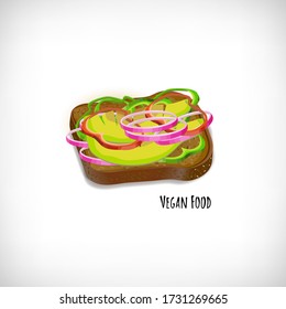 Tostada de pan integral oscuro realista con aguacate en rodajas, pimienta verde salada, cebolla. Estilo de vida saludable. Almuerzo, cena, desayuno, tentempié. Dejando comida vegana. Ilustración vectorial de comida saludable.