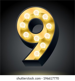 Realistic dark lamp alphabet for light board. Vector illustration of bulb lamp number 9