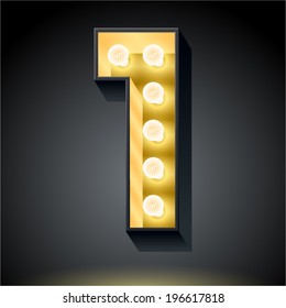 Realistic dark lamp alphabet for light board. Vector illustration of bulb lamp number 1 