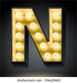 Realistic dark lamp alphabet for light board. Vector illustration of bulb lamp letter n