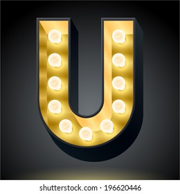 Realistic dark lamp alphabet for light board. Vector illustration of bulb lamp letter u