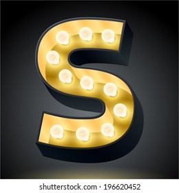 Realistic dark lamp alphabet for light board. Vector illustration of bulb lamp letter s