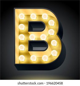 Realistic dark lamp alphabet for light board. Vector illustration of bulb lamp letter b