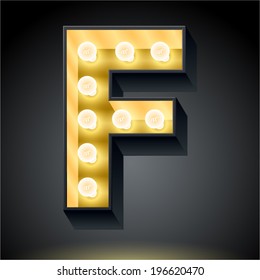 Realistic dark lamp alphabet for light board. Vector illustration of bulb lamp letter f