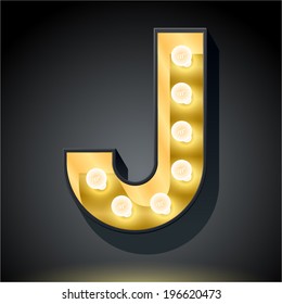 Realistic dark lamp alphabet for light board. Vector illustration of bulb lamp letter j