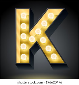 Realistic dark lamp alphabet for light board. Vector illustration of bulb lamp letter k