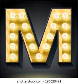 Realistic dark lamp alphabet for light board. Vector illustration of bulb lamp letter m