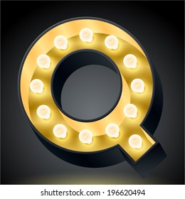 Realistic dark lamp alphabet for light board. Vector illustration of bulb lamp letter q