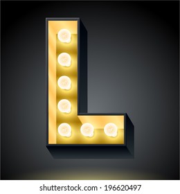 Realistic dark lamp alphabet for light board. Vector illustration of bulb lamp letter l