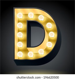 Realistic dark lamp alphabet for light board. Vector illustration of bulb lamp letter d