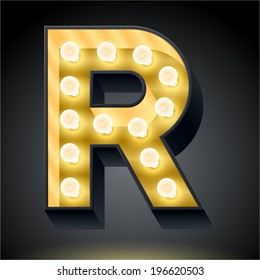 Realistic dark lamp alphabet for light board. Vector illustration of bulb lamp letter r