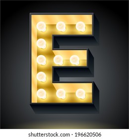 Realistic dark lamp alphabet for light board. Vector illustration of bulb lamp letter e