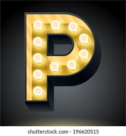 Realistic dark lamp alphabet for light board. Vector illustration of bulb lamp letter p