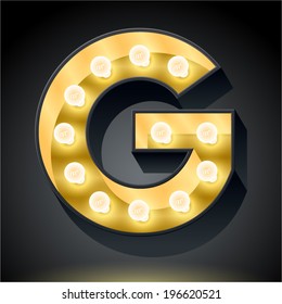 Realistic dark lamp alphabet for light board. Vector illustration of bulb lamp letter g