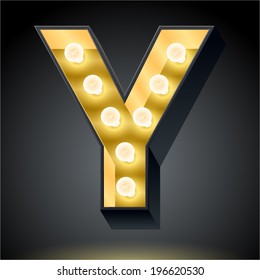 Realistic dark lamp alphabet for light board. Vector illustration of bulb lamp letter y