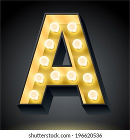 Realistic dark lamp alphabet for light board. Vector illustration of bulb lamp letter a