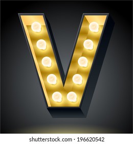 Realistic dark lamp alphabet for light board. Vector illustration of bulb lamp letter v