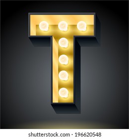 Realistic dark lamp alphabet for light board. Vector illustration of bulb lamp letter t