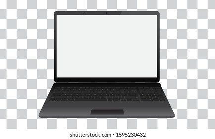 Realistic dark laptop mock up. Isometric front view with keyboard and blank screen. Vector
