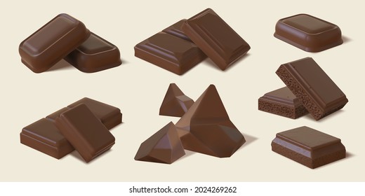 Realistic dark and milk chocolate bar pieces and chunks. 3d bitter cocoa candy, sweet brown bubble chocolate block. Snack dessert vector set. Illustration of milk chocolate, dark sweet