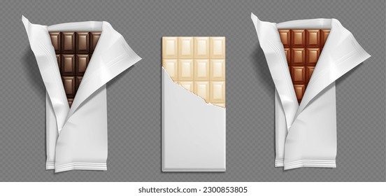 Realistic dark, milk and white chocolate bars in open wraps. Vector illustration of sweet choco dessert in foil or paper package. Delicious cocoa and sugar snack. Cooking ingredient. Endorphin source