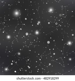 Realistic dark night sky with many stars and constellations, seamless pattern