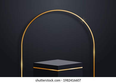 Realistic dark platform with gold decorations and golden arch with shadow. Stage with empty pedestal. 3d podium for product display show or place for presentation. Vector.