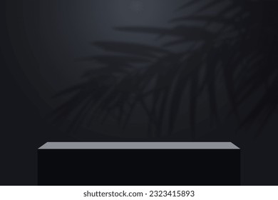 Realistic dark platform with shadow overlay of palm tree branch. Stage with empty pedestal and transparent overlay shadow effect from tropical palm leaves. 3d podium for product display show. Vector.