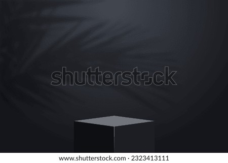 Realistic dark platform with shadow overlay of palm tree branch. Stage with empty pedestal and transparent overlay shadow effect from tropical palm leaves. Сubic shape 3d podium. Vector.