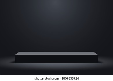 Realistic dark platform, stage with empty pedestal. 3d podium for product display show or place for presentation. Vector.