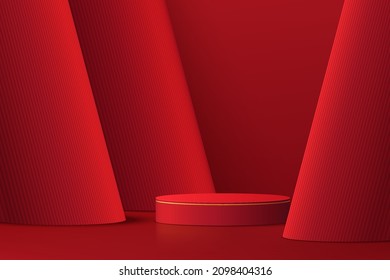 Realistic dark red 3D cylinder pedestal podium with red pillar  layers background. Minimal scene for products showcase, Promotion display. Abstract studio room platform. Happy lantern day concept.