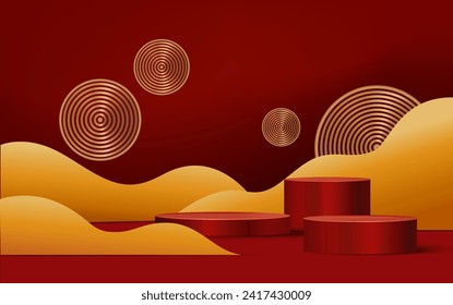 Realistic dark red and 3D cylinder pedestal podium with illuminated circle backdrop. Minimal scene for product showcase and promotion display. Abstract studio room platform. Happy Lantern Day.