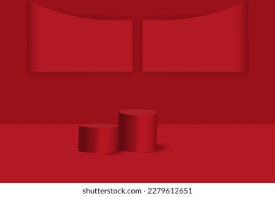 Realistisches, dunkelrotes 3D-zylindrisches Podium auf rotem, gekrümmtem Hintergrund. Minimale Szene