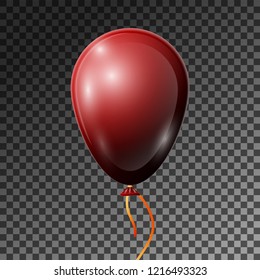 Realistic Dark Red Balloon with ribbon isolated on transparent background. Vector illustration of shiny colorful glossy balloon for Birthday party