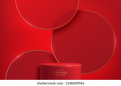 Realistic dark red and gold 3D cylinder stand podium with red circle overlap backdrop. Minimal scene for products showcase, Promotion display. Abstract studio room platform. Happy lantern day concept.