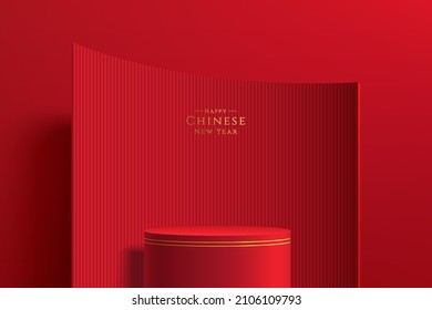 Realistic dark red and gold 3D cylinder stand or podium with vertical texture in arch shape backdrop. Minimal scene for products showcase, Promotion display. Abstract room platform. Happy lantern day.