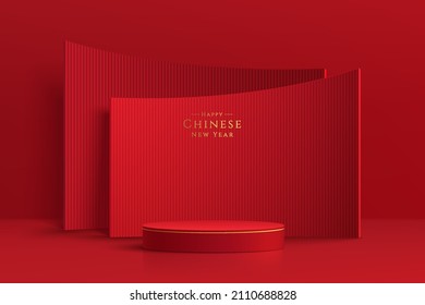 Realistic dark red and gold 3D cylinder pedestal podium with red arch shape backdrop. Minimal scene for products showcase, Promotion display. Abstract studio room platform. Happy lantern day concept.