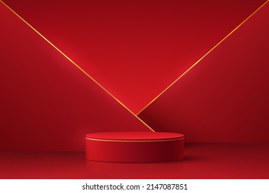 Realistic dark red and gold 3D cylinder pedestal podium with triangle overlap scene background. Luxury minimal scene for product stage showcase, Promotion display. Abstract studio room geometric forms