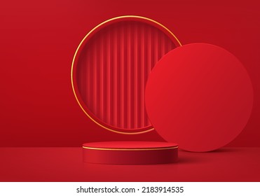 Realistic dark red and gold 3D cylinder pedestal podium with circle window background. Abstract minimal scene for products stage showcase, Promotion display. Geometric forms. Happy lantern day style.